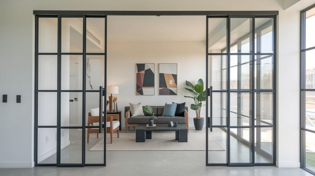 Dobbel skyvedør og glassvegg i svart stål som elegant romdeler i moderne stue