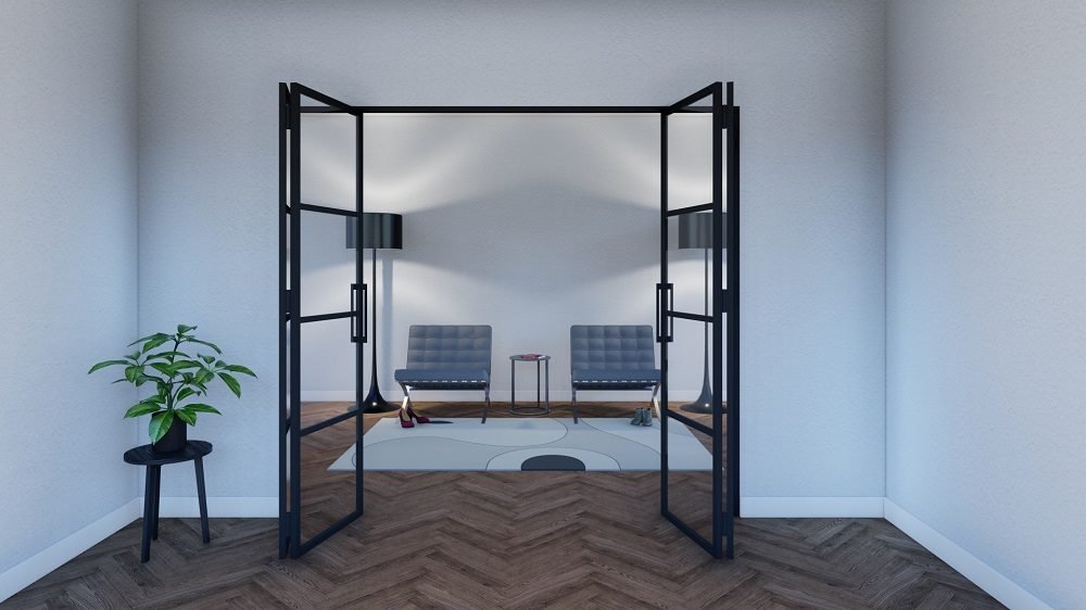 Foldedør-glassdør-trendy-design-metall-og-glass-glassdører-i-metall-metalldører-i-glass-smijernsdør foldedør i glass og metall