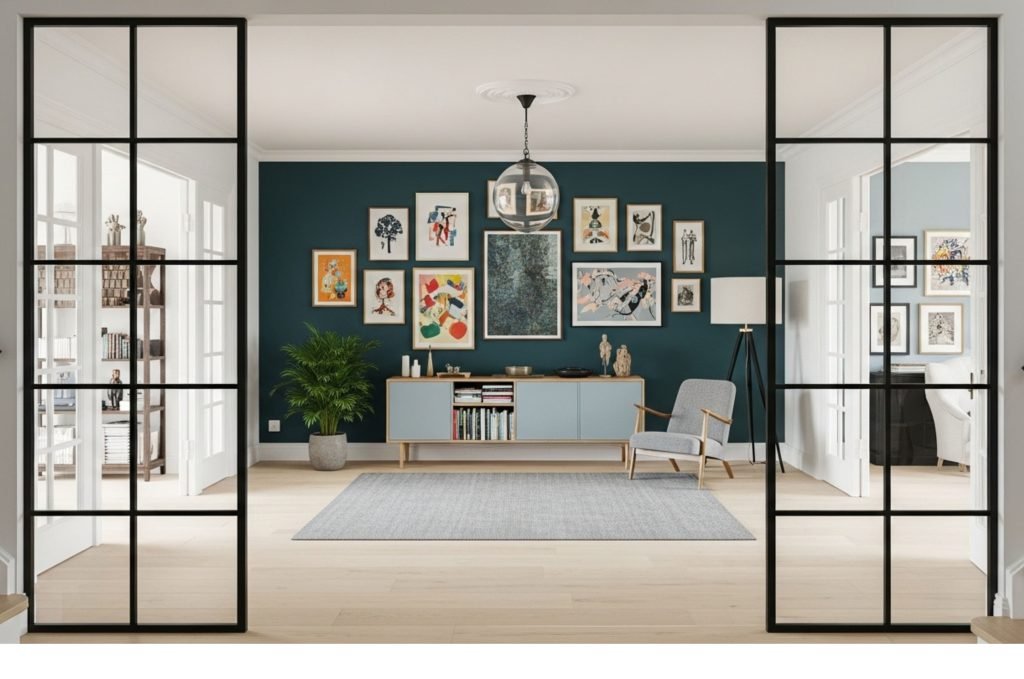 moderne glassvegg med svart metallramme