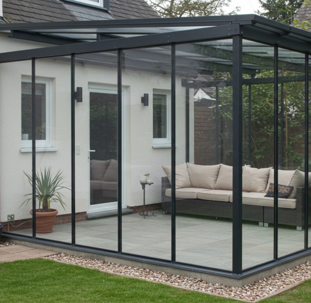 Moderne glassvegg til veranda
