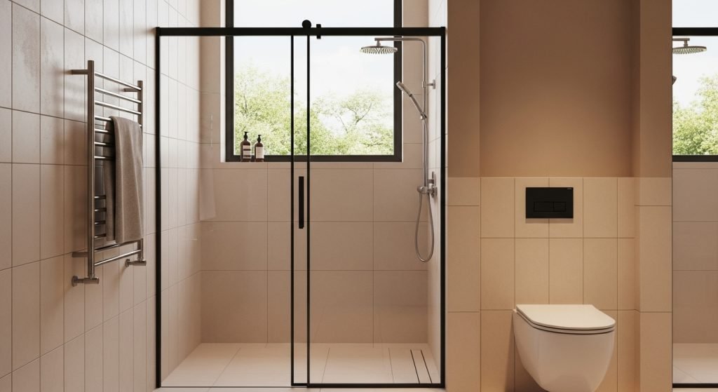 skyvedør til dusj i sort aluminium med minimalistisk glassdesign