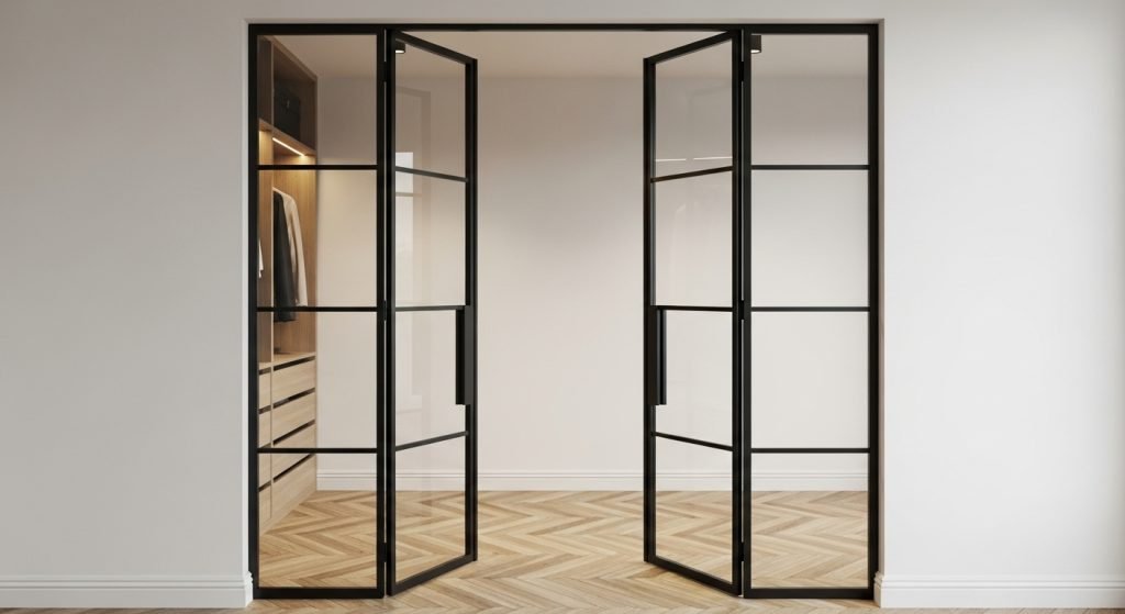 moderne foldedør i glass og metall for walk in garderobe