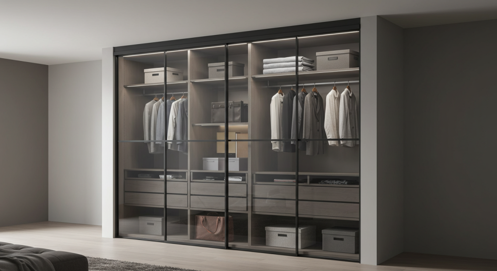 garderobe skyvedører i glass og metall