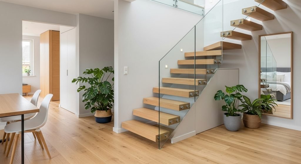 eiketrapp med svevende trinn og glassrekkverk i moderne hjem