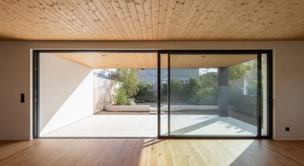 stor aluminium skyvedør med glass som åpner stuen mot veranda og hage