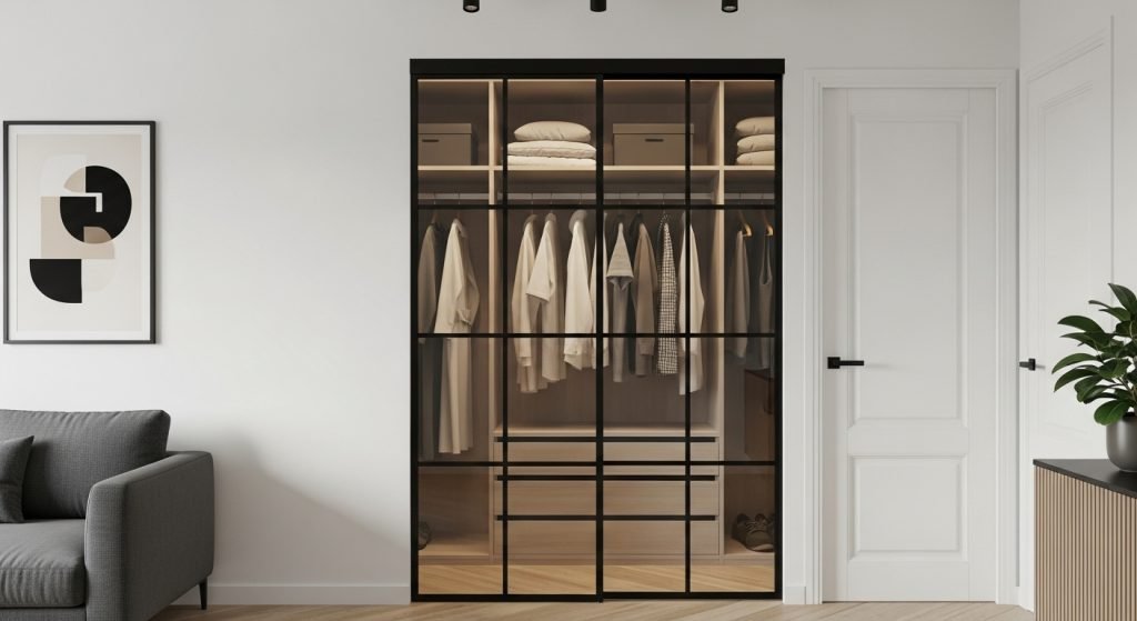 garderobe med skyvedører i metall og glass som gir helhetlig uttrykk og effektiv oppbevaring