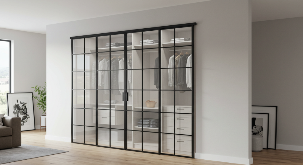 walk-in-garderobe-dører-skyvedører-i-metall-og-glass-darderobe-skyvedør