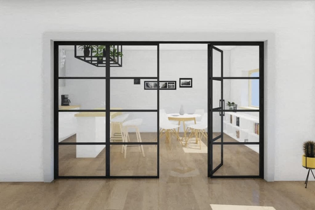 Foldedor-med-glass-Foldedor-i-aluminium-Svart-Foldedorer-metalldorer-pris-industriell-Glassdorer-innvendig-glassdor-dor-Svar-Skyvedor-pris-2-1 Foldedør med glass og svart aluminium – plassbesparende løsning som kombinerer funksjonell design og industriell stil til en rimelig pris.