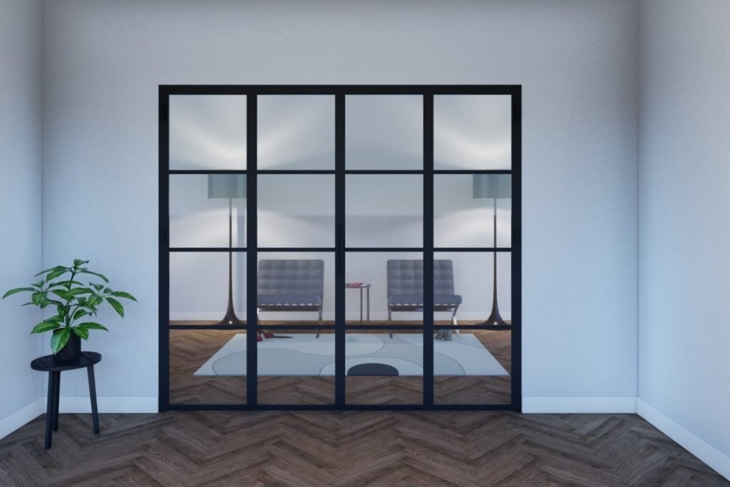 Foldedør med glass i svart aluminium – industriell stil med moderne design og prisgunstig løsning.
