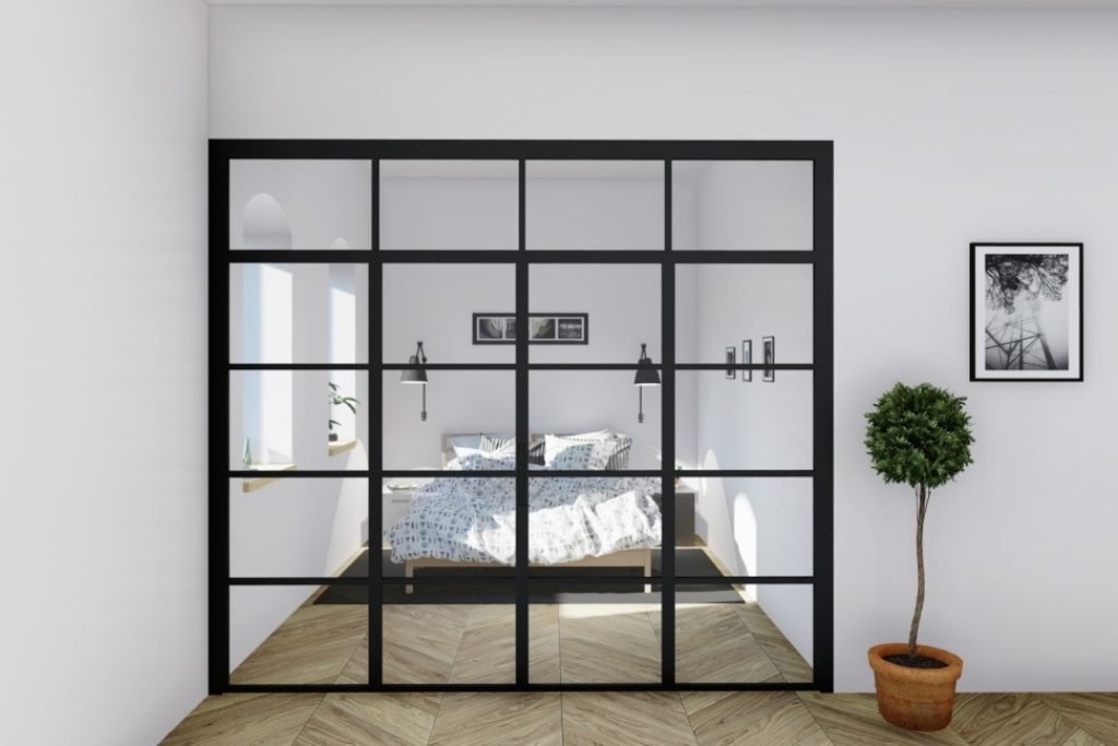 Svart glassdør i metall – praktisk og estetisk løsning for moderne hjem.