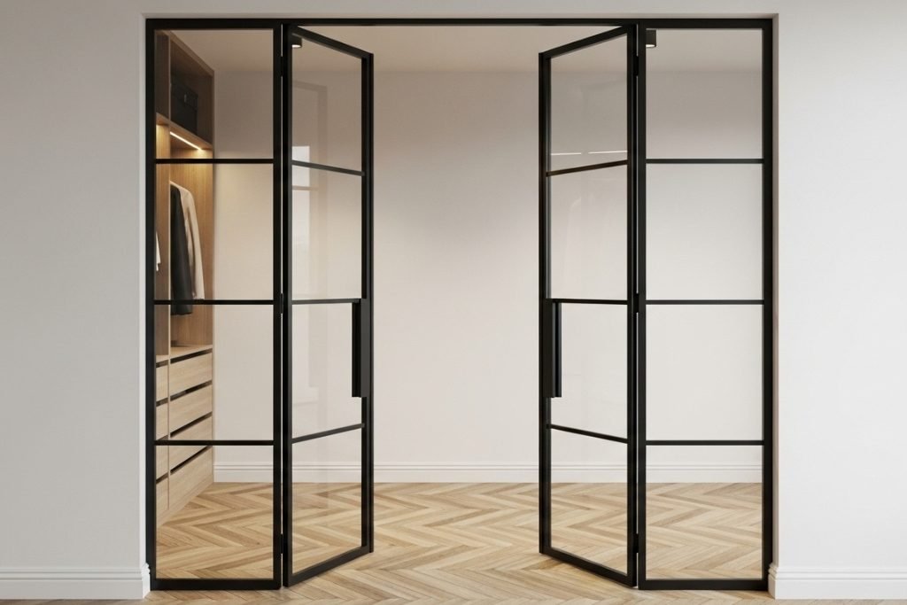 Foldedør i metall og glass til walk-in garderobe – moderne design for plassbesparende oppbevaring.