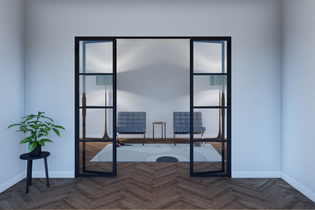 Foldedør i soverom – elegant løsning med metall og glass for moderne interiør.
