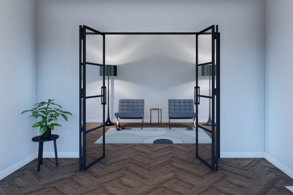 Metalldør med glass til soverom – plassbesparende foldedør med moderne design.