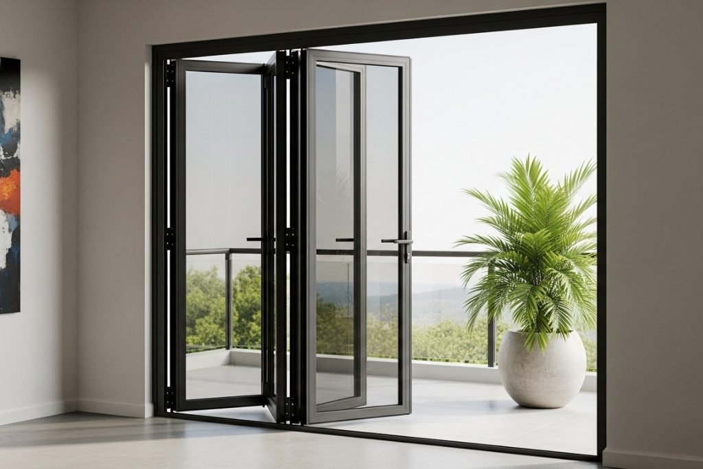 Foldedører i metall og glass til balkong – moderne og plassbesparende løsning for utendørsrom.