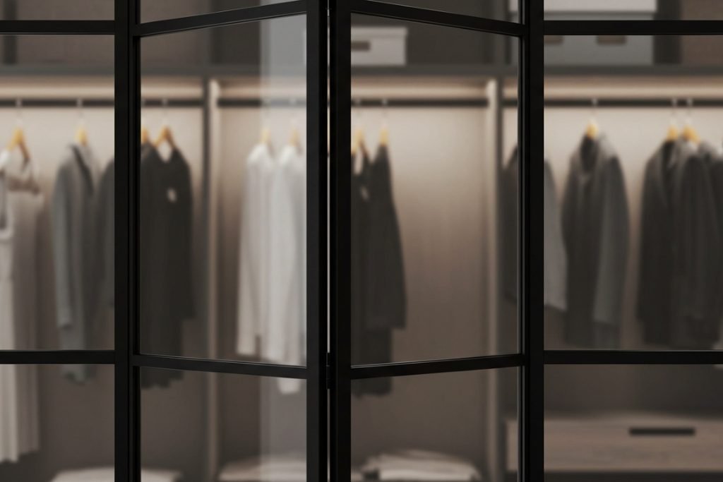 Foldedører i glass og metall til garderobe – moderne design for maksimal funksjonalitet