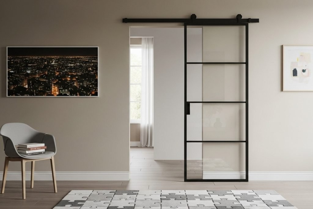 rustikk-skyvedør Skyvedør med rustikk design – perfekt for å gi rommet en autentisk og hjemmekoselig følelse.