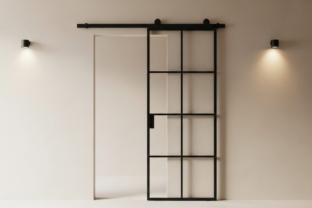 rustikk-skyvedør-metall-og-glass-skyvedører Rustikk skyvedør i metall og glass – en perfekt blanding av industriell og rustikk stil for moderne rominndeling.