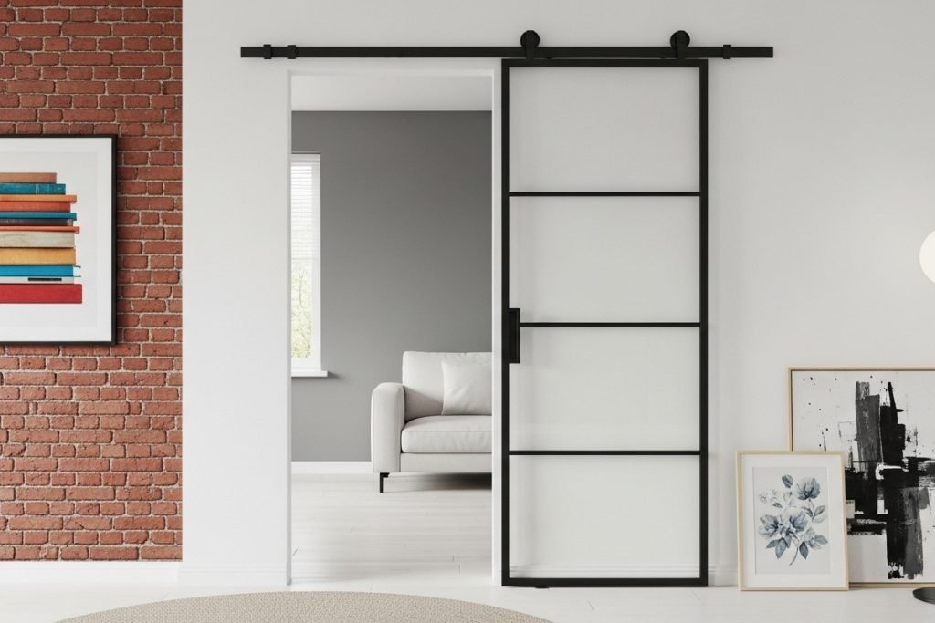 skyvedør-med-rustikk-skinne-i-metall-og-glass Skyvedør med rustikk metallskinne og glasspaneler – stilfull romdeler som kombinerer moderne design med rustikk karakter.