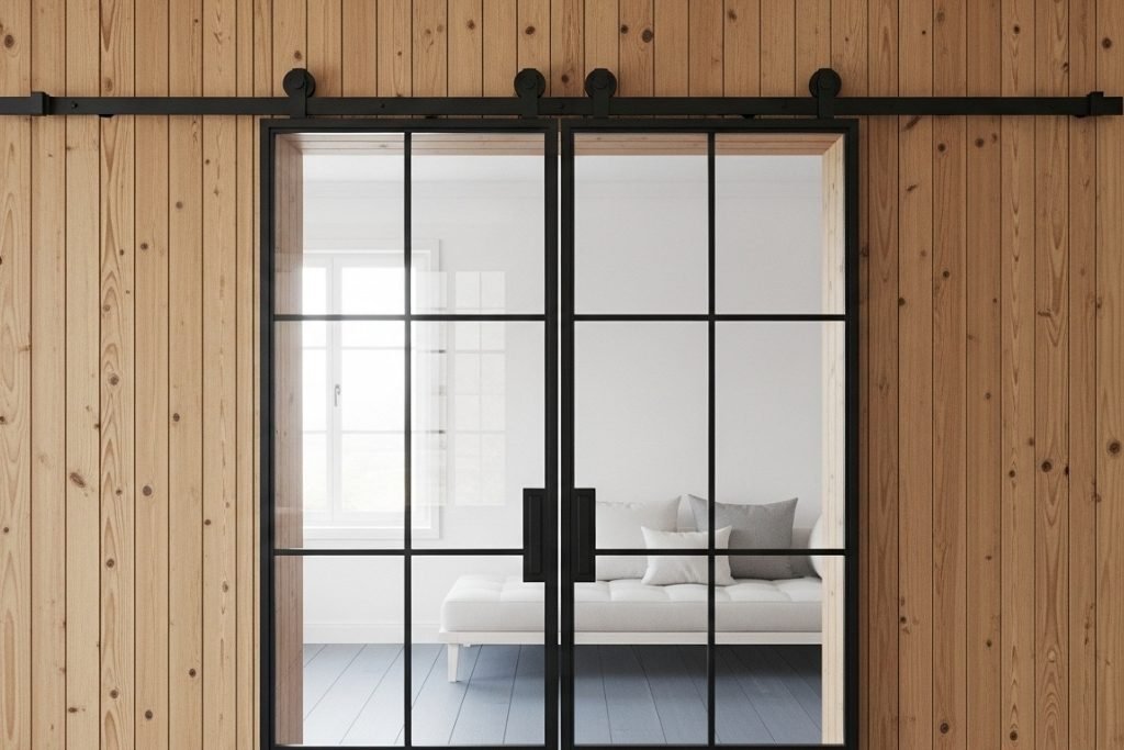 skyvedører-rustikk-skyvedør-i-metall-og-glass Rustikk skyvedør i metall og glass – en solid og stilfull løsning for romdeling i moderne hjem og kontorer.