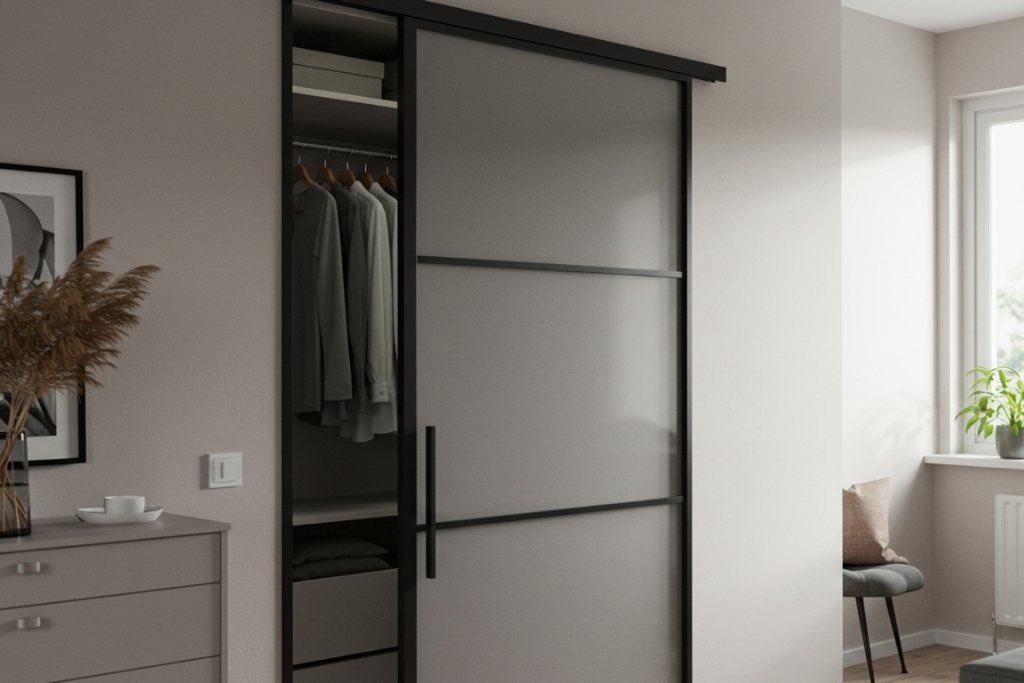 Garderobe skyvedør i metall og glass – stilfull og praktisk løsning for moderne garderober.
