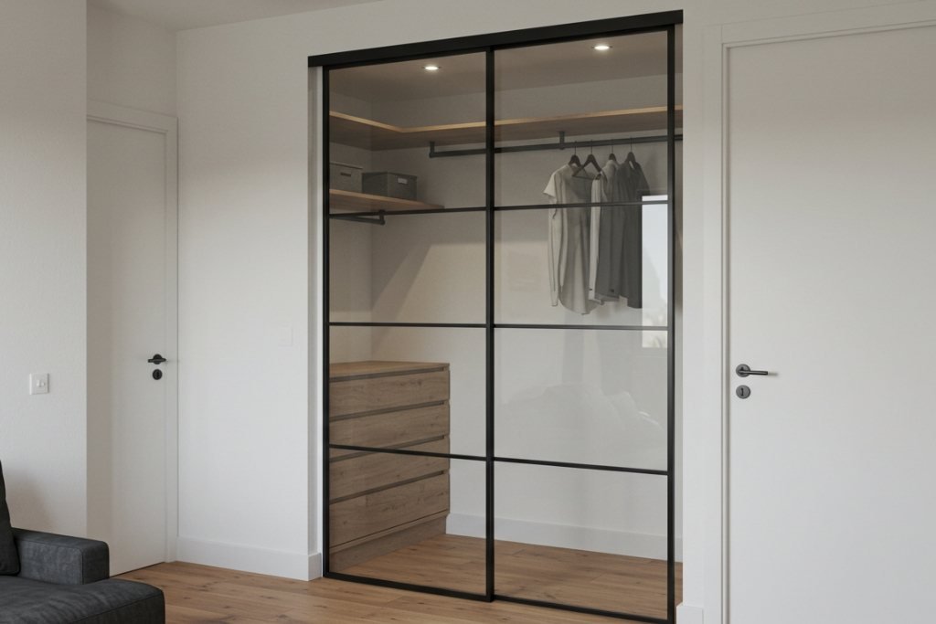 Glass skyvedør med metallramme – perfekt for garderobe, skaper et lyst og stilrent rom.
