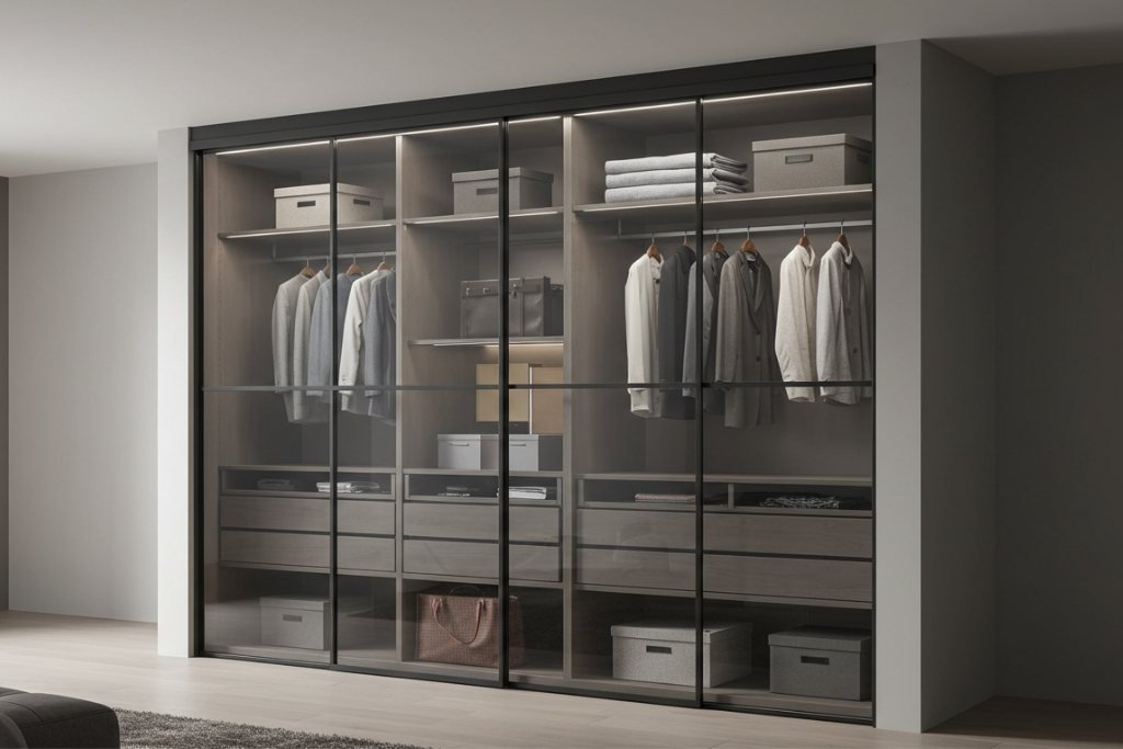 Skyvedør i metall og glass med tamsk rammene for garderobe – praktisk og stilren løsning som gjør rommet mer åpent og romslig.