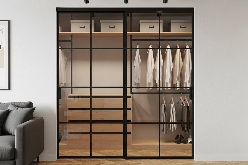Skyvedør i metall og glass for garderobe – stilren glassdør med tynne metallkanter som gir et minimalistisk utseende.