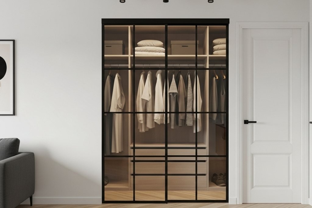 Skyvedører til garderobe i metall og glass – stilfull løsning for å dele garderoberommet med moderne design og god plassbesparelse.