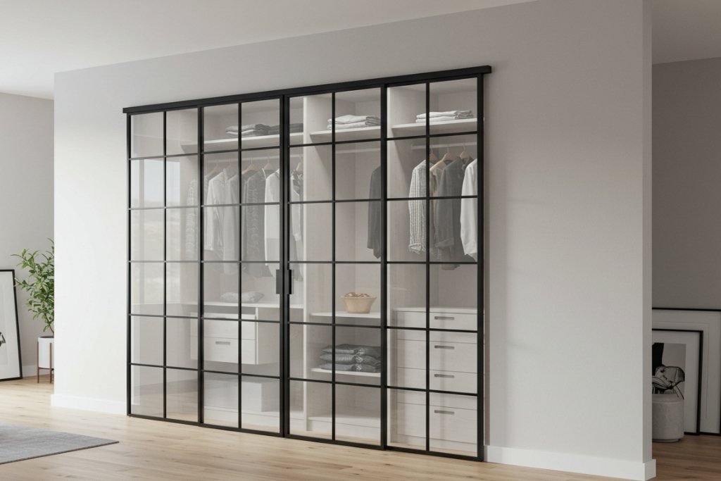 Skyvedører i metall og glass til walk-in garderobe – ideell løsning for å dele opp rommet samtidig som lyset får slippe gjennom.
